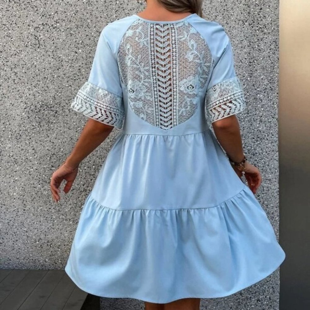 Tassel Tie Ruffle Hem lace detailed mini Dress - Picture 3 of 7